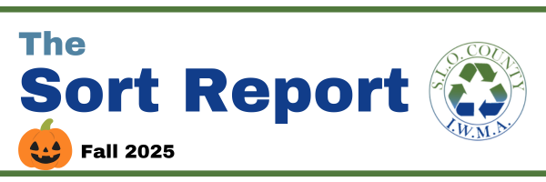 The Sort Report banner with recycling symbol, pumpkin, "Fall 2025," and S.L.O. County I.W.M.A. logo.