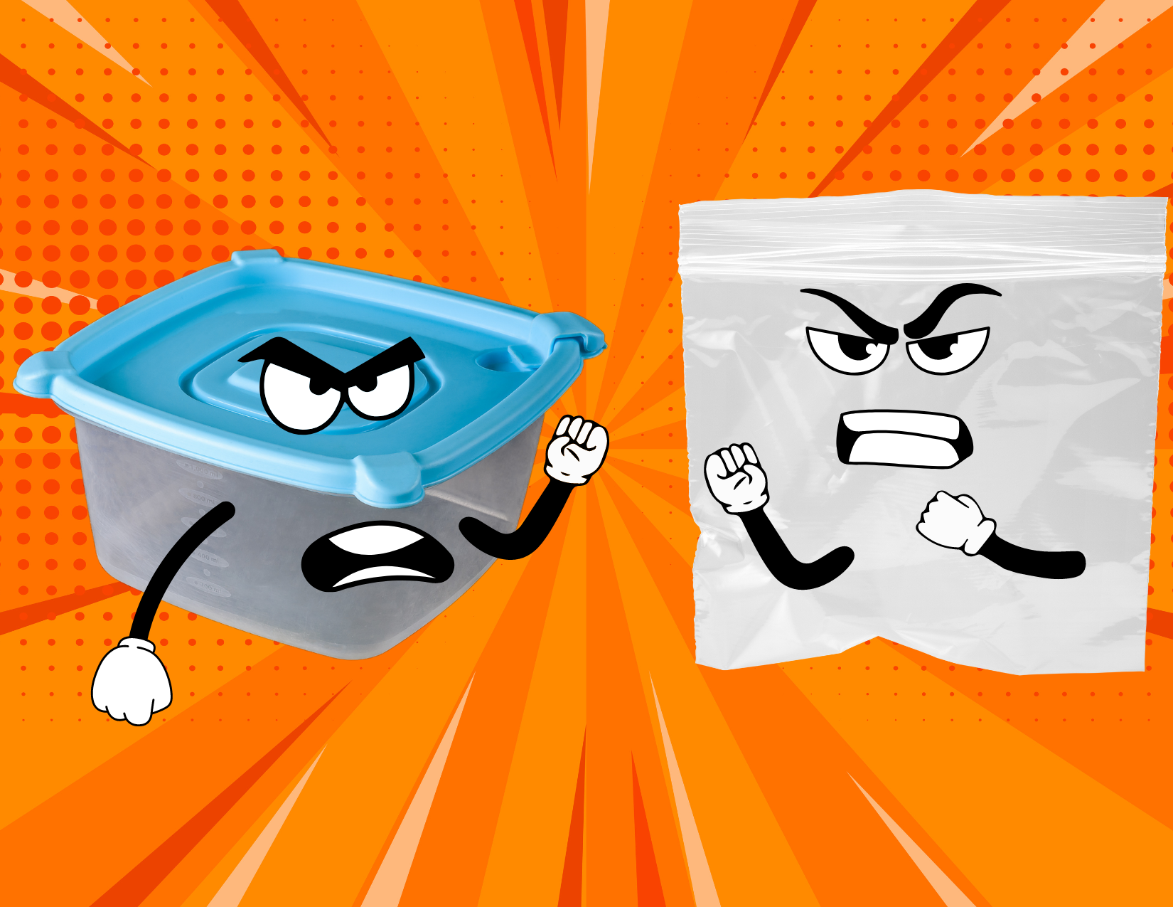 Animated storage container and bag with angry faces on a vibrant orange background.
