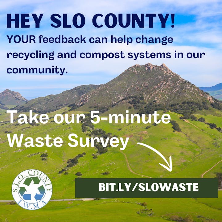 Ad for a 5-minute waste survey by SLO County with a scenic background and a link to participate.