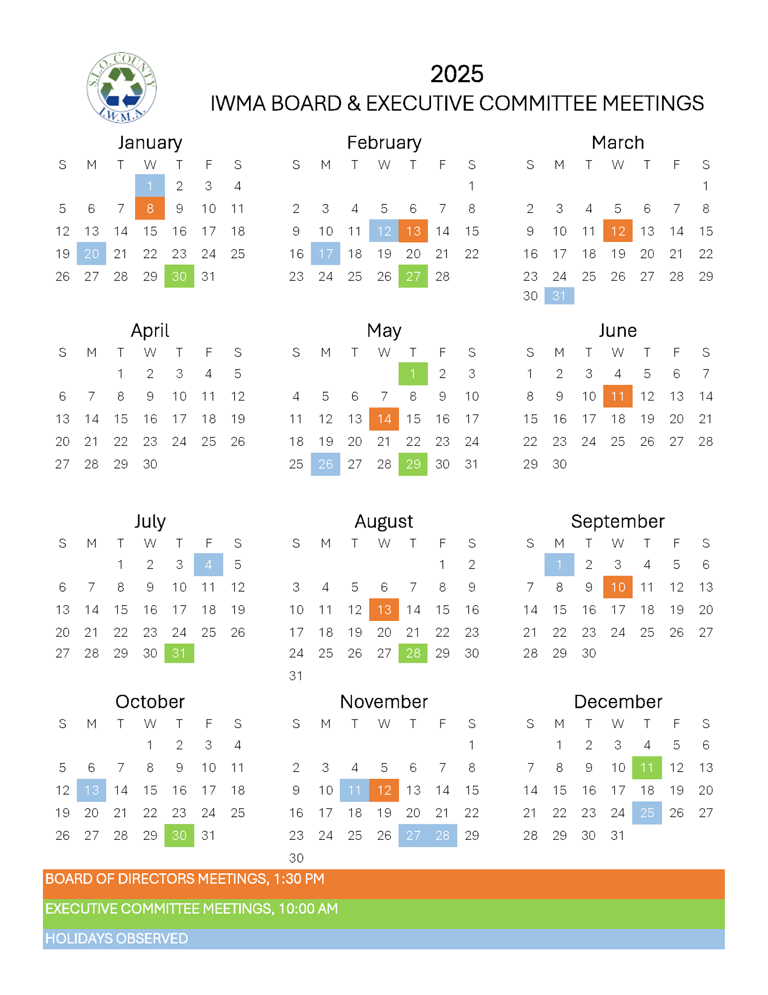 2025 calendar for IWMA Board & Executive Committee meetings. Meetings highlighted in orange and green; holidays in blue.