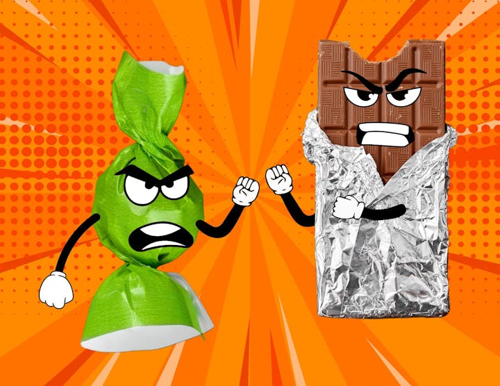Anthropomorphized angry candy and chocolate bar on a colorful background.