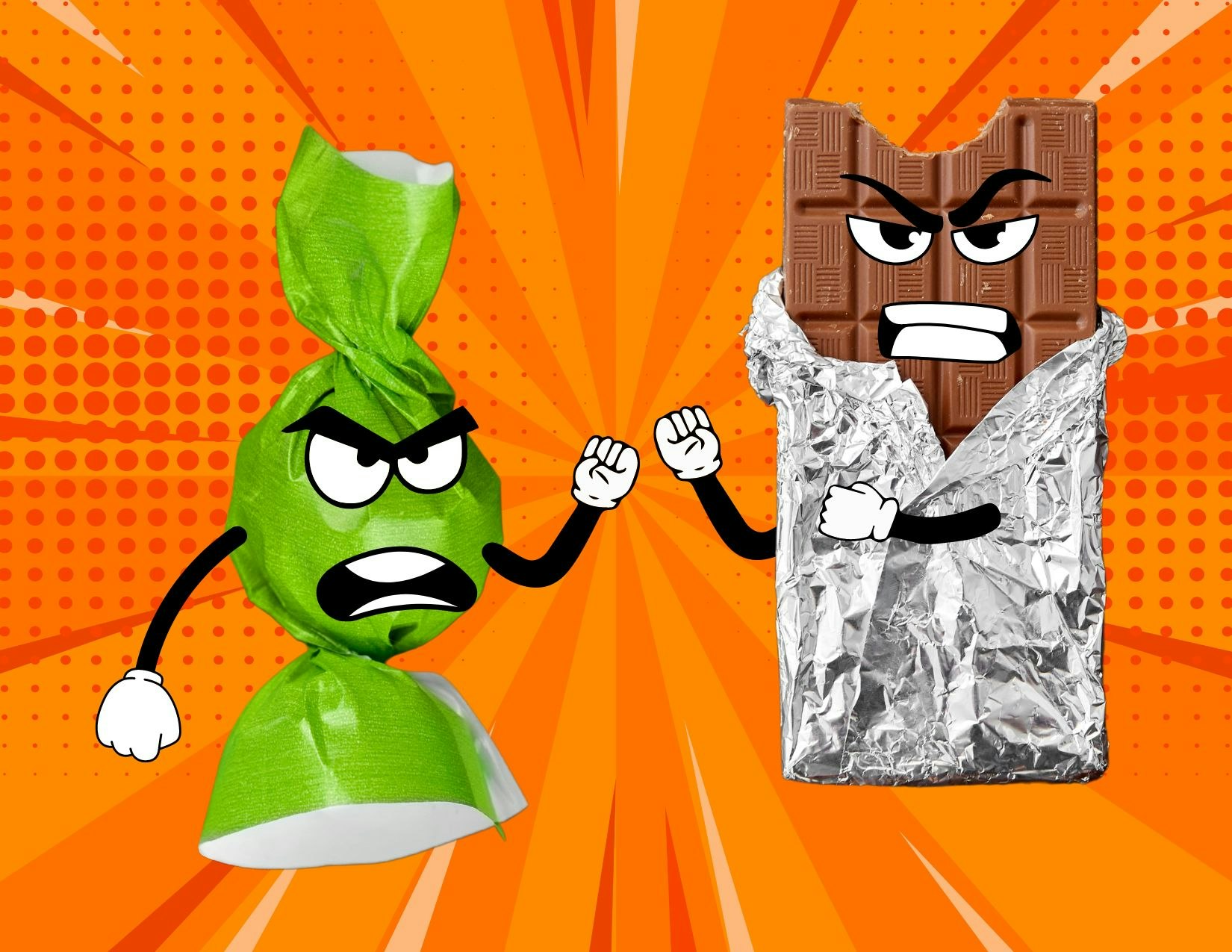 Anthropomorphized angry candy and chocolate bar on a colorful background.