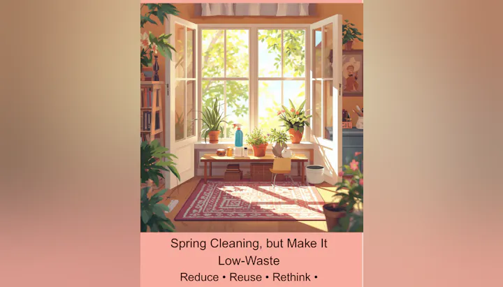 A cozy room with plants, sunlight, and a message promoting low-waste spring cleaning: Reduce, Reuse, Rethink.
