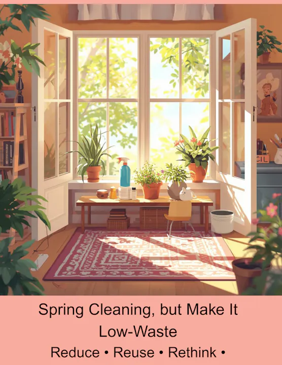 A cozy room with plants, sunlight, and a message promoting low-waste spring cleaning: Reduce, Reuse, Rethink.