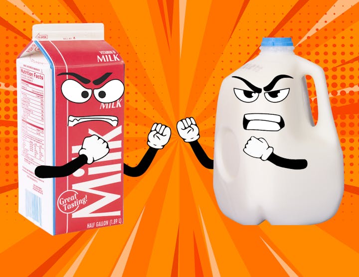 A cartoonish milk carton and jug with angry faces and raised fists, as if in a confrontation.