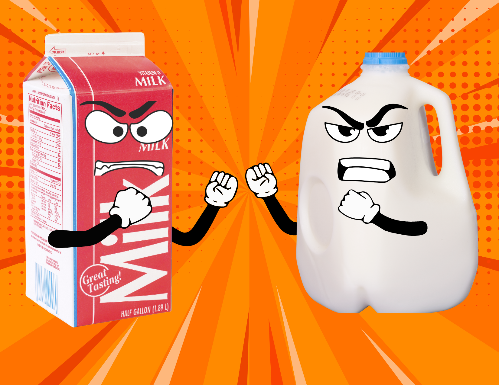 A cartoonish milk carton and jug with angry faces and raised fists, as if in a confrontation.