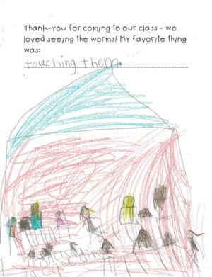 A child's drawing and note thanking a visitor for teaching about worms, highlighting their enjoyment of touching them.