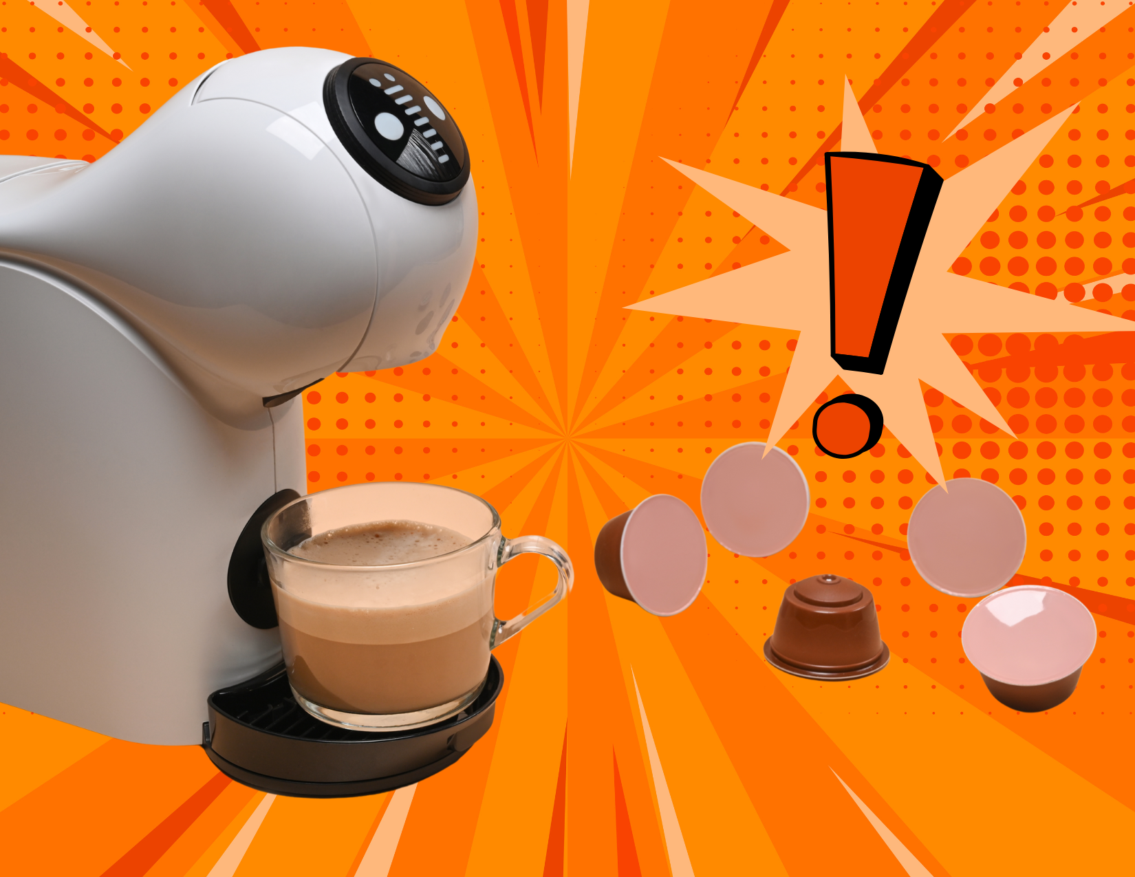 A coffee machine with a cup of coffee, coffee pods, and a large exclamation mark on an orange comic-style background.