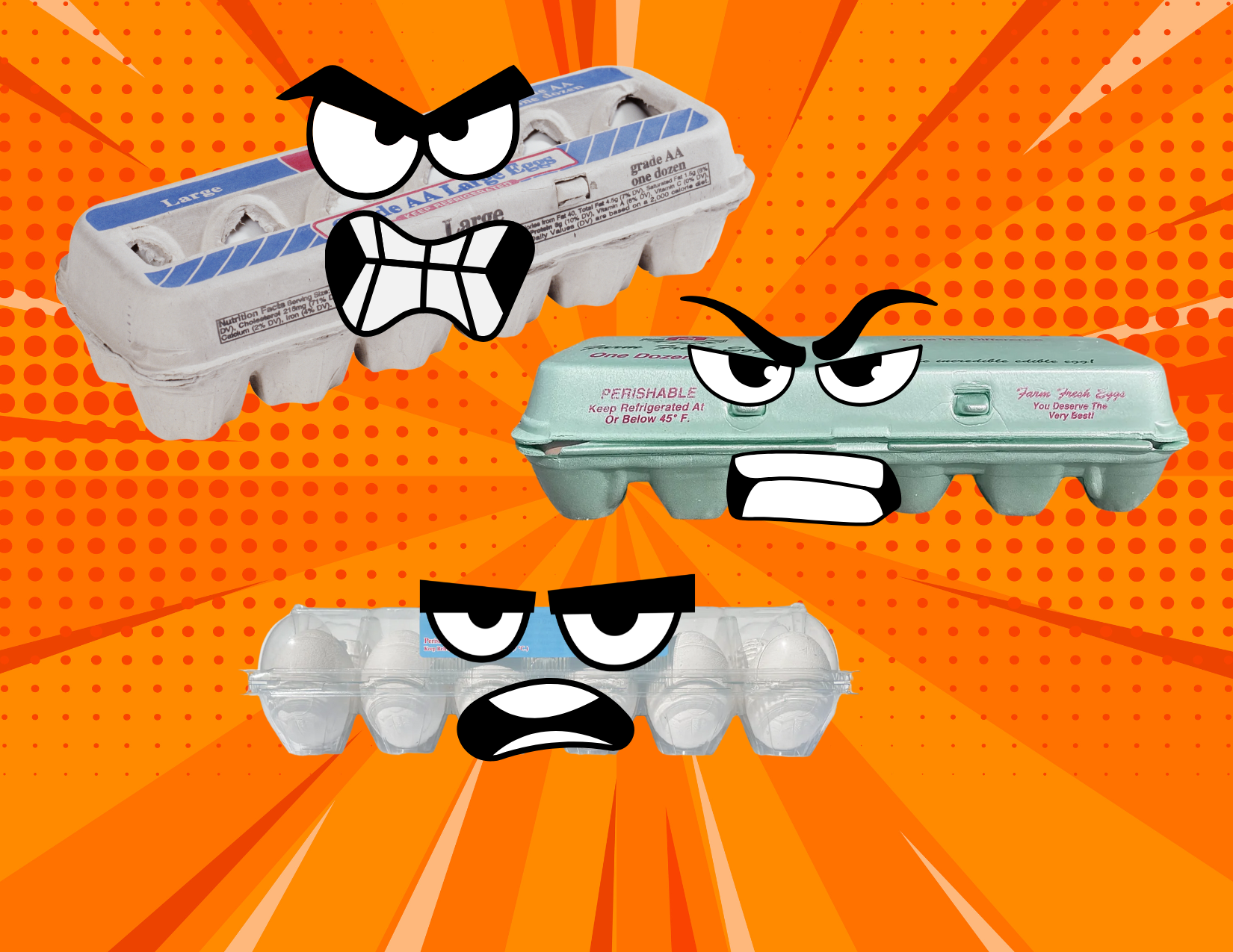 Three egg cartons with cartoon angry faces on a vibrant, comic-style background.