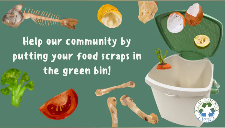 Food scraps around a green bin with text encouraging composting in the community.