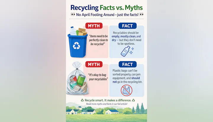 The image contrasts recycling myths and facts, emphasizing that recyclables should be mostly clean, and not bagged.