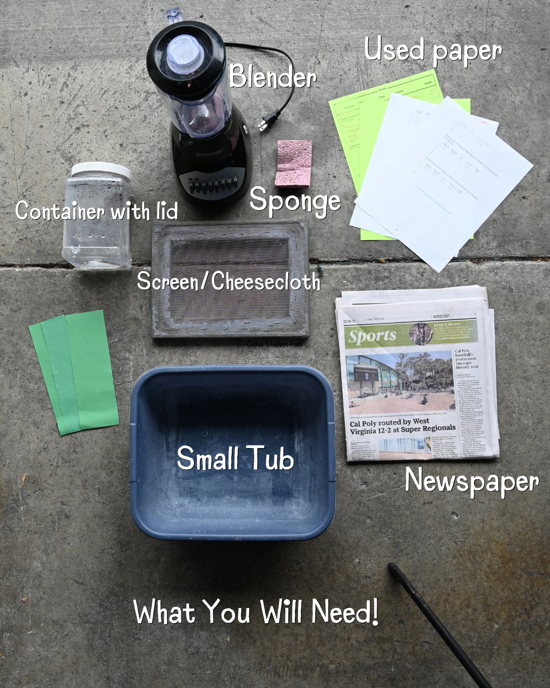 The image shows materials needed for a project: blender, sponge, container, screen, tub, used paper, and newspaper.
