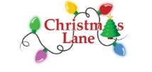 "Christmas Lane" text with colorful string lights and a small Christmas tree graphic.