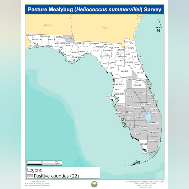 The map shows the distribution of the Pasture Mealybug in Florida, highlighting 22 counties where it is present.