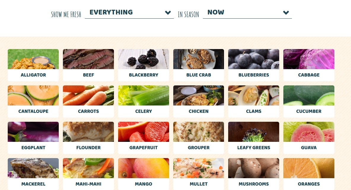 Grid showing various foods in season: alligator, beef, blackberry, blue crab, blueberries, cabbage, and more.
