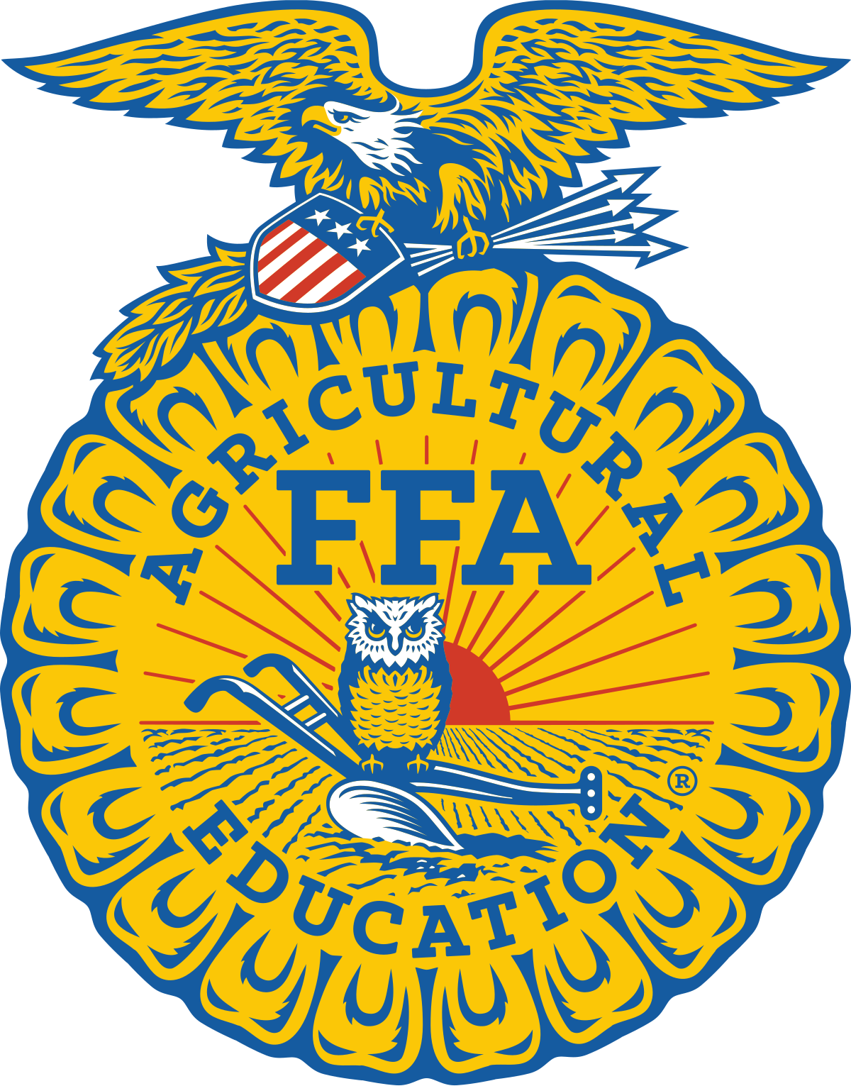 The image is the FFA emblem featuring an eagle, an owl, and agricultural symbols with "Agricultural Education" and "FFA."