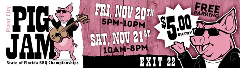 Join the Plant City Pig Jam for BBQ Championships on Nov 20 (5-10 PM) & Nov 21 (10 AM-8 PM). $5 entry, free parking!