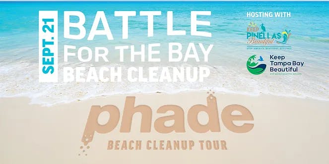 An event banner for a "Battle for the Bay Beach Cleanup" on Sept. 21, with sponsor logos for environmental organizations.