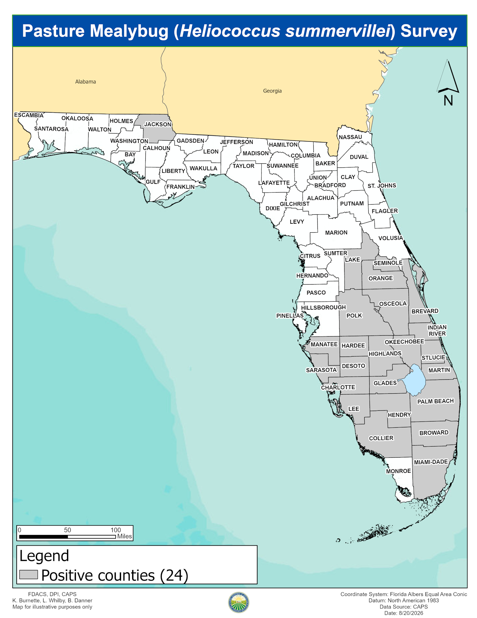 Map of Florida highlighting counties affected by the pasture mealybug (Heliococcus summervillei) survey. 24 counties marked.