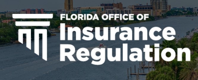 Logo of the Florida Office of Insurance Regulation over a waterway and cityscape background.
