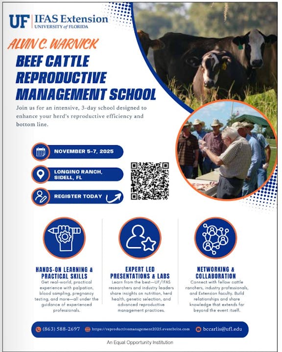 Beef Cattle Reproductive Management School, Nov 5-7, 2025, Longino Ranch, Sidell, FL. Hands-on skills, expert presentations, networking.