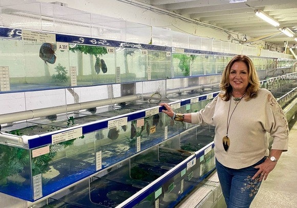 A woman stands next to rows of fish tanks in an indoor setting, possibly a fish store or breeding facility.