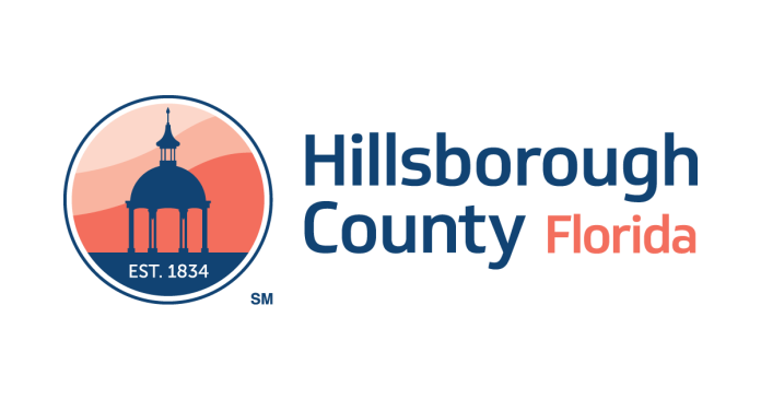 Logo of Hillsborough County, Florida with an emblem featuring a building and "EST. 1834".