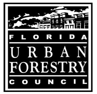 Logo of the Florida Urban Forestry Council with buildings and trees in black and white.