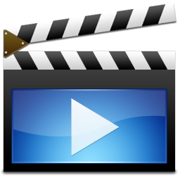 A clapperboard with a blue screen and a white play button, symbolizing video playback or movie editing.
