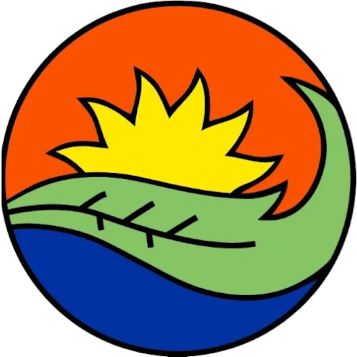 An abstract design featuring a sun, a green leaf, and blue waves against an orange background in a circular shape.