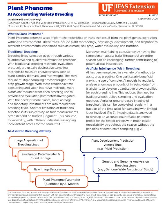 Overview of AI in plant breeding: improves efficiency, reduces labor/time, enhances prediction accuracy using image analysis and data processing.