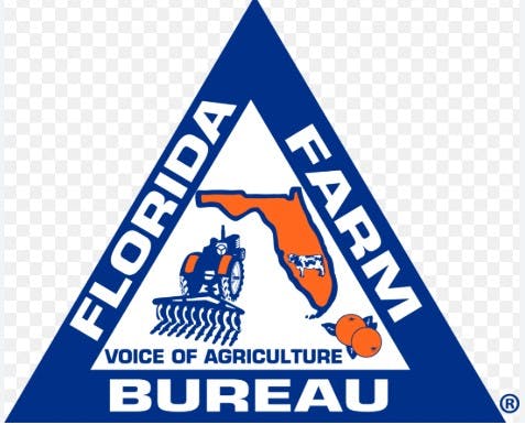 Logo of Florida Farm Bureau, with a tractor, map of Florida, and oranges, labeled "Voice of Agriculture."