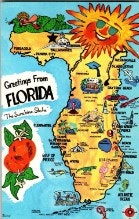 A colorful illustrated map of Florida with landmarks, a smiling sun, and the title "Greetings from Florida The Sunshine State".