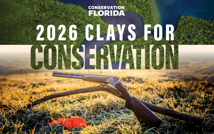 The image promotes "2026 Clays for Conservation" in Florida, featuring a shotgun and clay targets on grass.