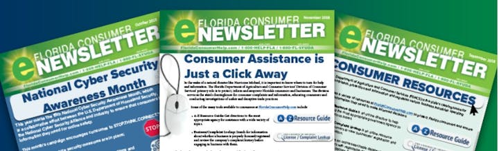 Three Florida Consumer eNewsletters about cybersecurity, consumer assistance, and resources, dated October, November, and September 2018.