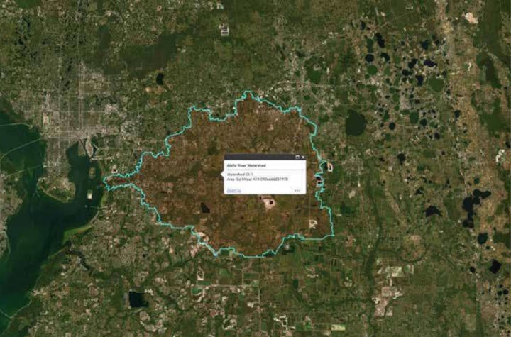 Satellite map highlighting the Alafia River Watershed area in blue, showing urban and natural landscapes.