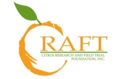 Logo with an orange outline, green leaf, and text: "RAFT Citrus Research and Field Trial Foundation, Inc."