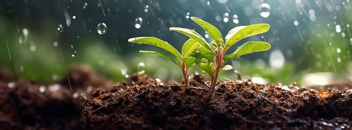 A young plant sprouting from the soil with raindrops falling around it.