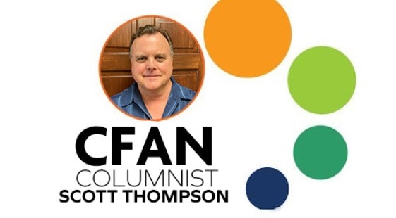 Portrait of a man with text: "CFAN Columnist Scott Thompson" and colored circles.