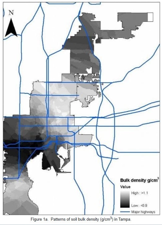 Map showing soil bulk density (g/cm³) in Tampa, with high density in dark areas and major highways in blue.