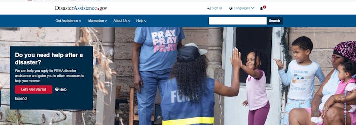 A screenshot of DisasterAssistance.gov with a high-five moment between a young girl and a FEMA worker, with a family observing from a doorway.