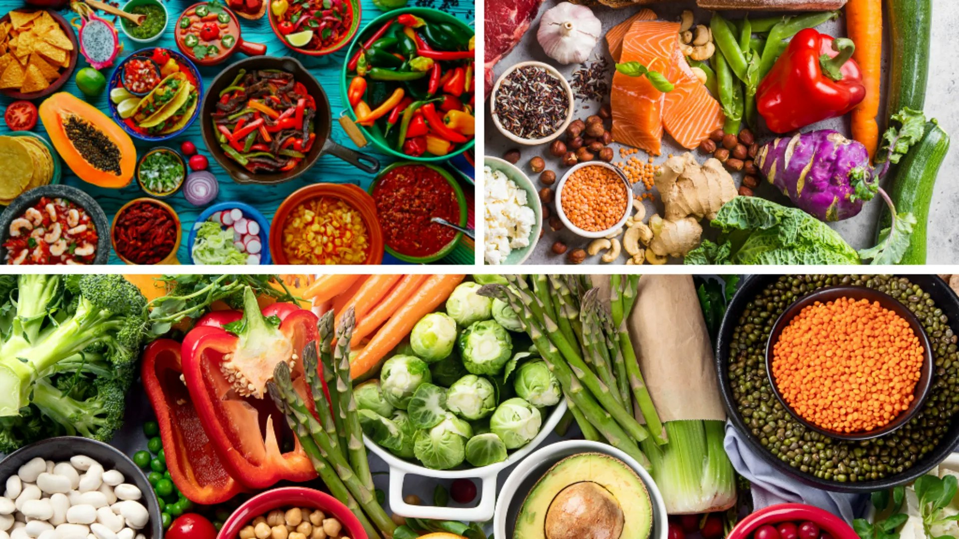 A collage of healthy foods including vegetables, fruits, legumes, fish, and nuts.
