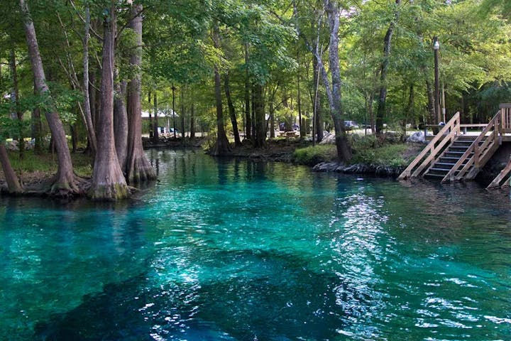 A clear, turquoise spring surrounded by trees with a wooden stairway on the side.