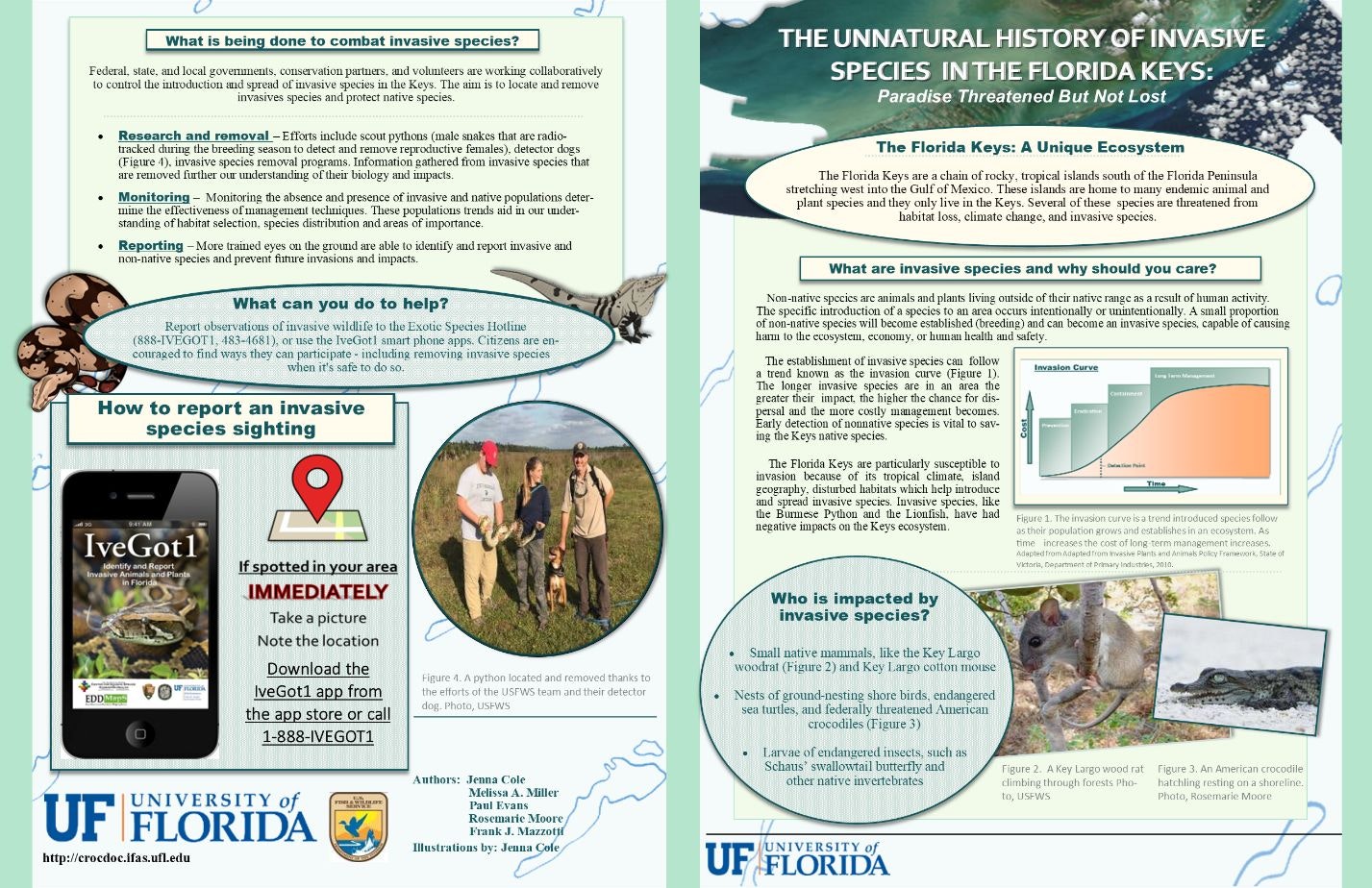 Educational material on invasive species in the Florida Keys, with text, graphs, photos of people and animals, and contact information.