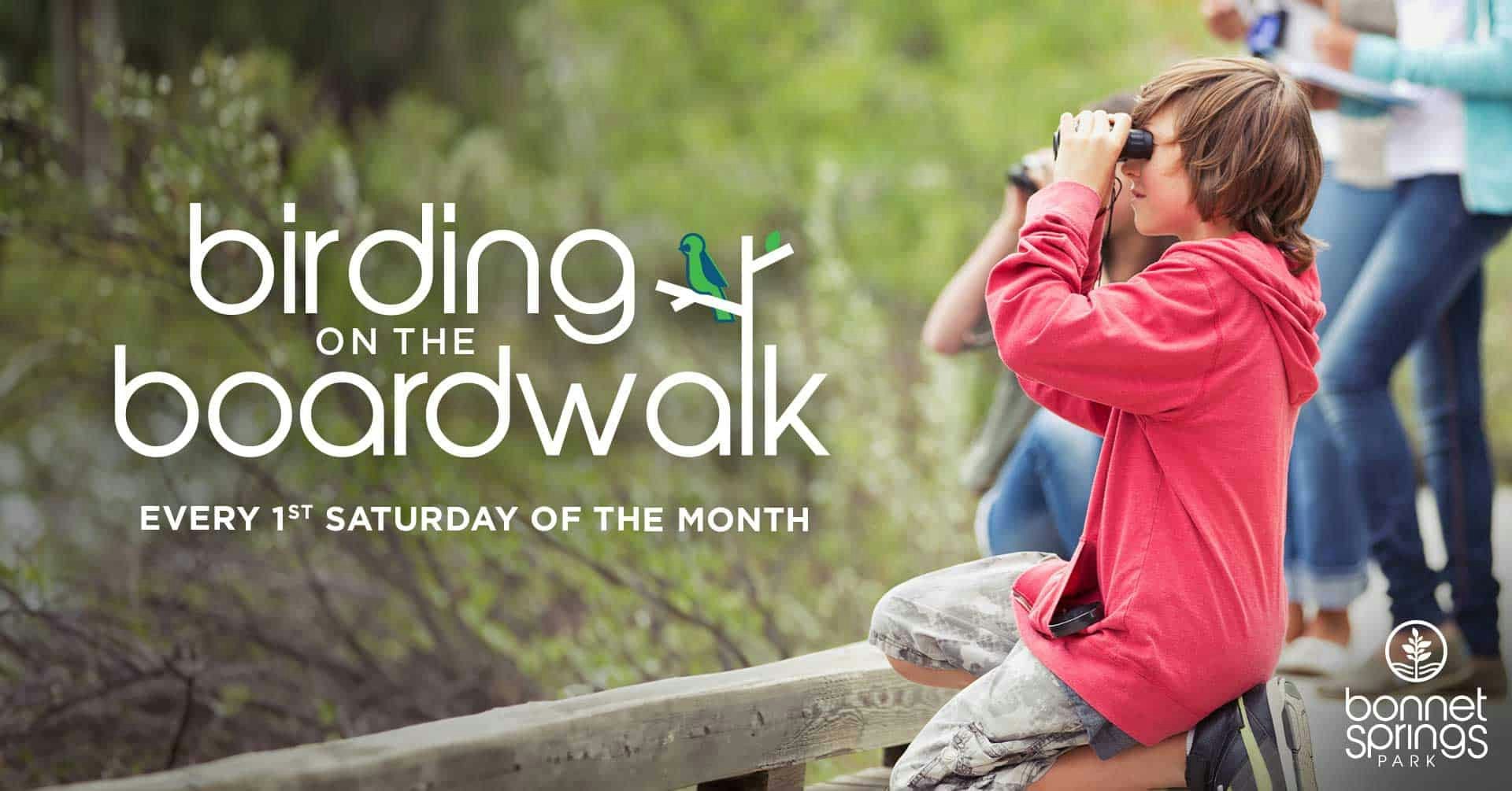 Boy birdwatching on boardwalk; "Birding on the Boardwalk" event at Bonnet Springs Park every 1st Saturday.