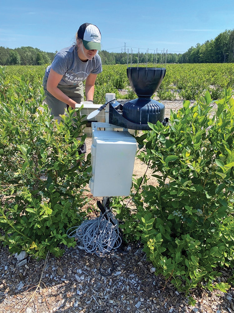 A person in a field with plants, interacting with electronic equipment and wires.