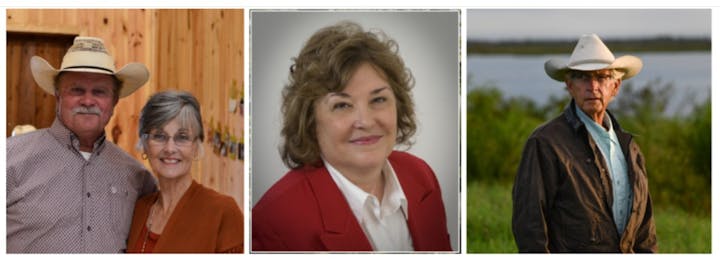 Three separate photos of adults, two featuring individuals wearing cowboy hats, and a couple smiling together.