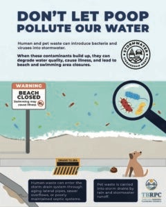 Infographic warning about water pollution from waste, beach closures due to bacteria, and stormwater contamination.
