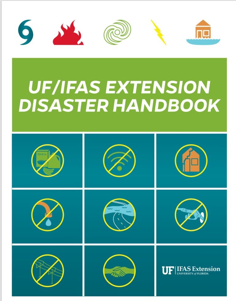 Cover of the "UF/IFAS Extension Disaster Handbook" with symbols for fires, tornadoes, floods, and other hazards.