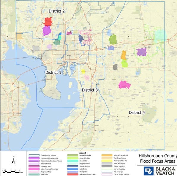 Hillsborough County map showing flood focus areas across four districts with a legend detailing specific creeks and zones.